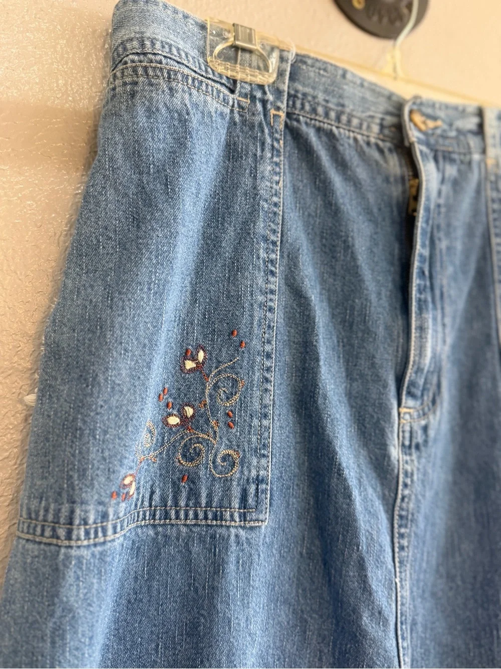 White Stag Blue Denim Maxi Skirt with Embroidered Pockets